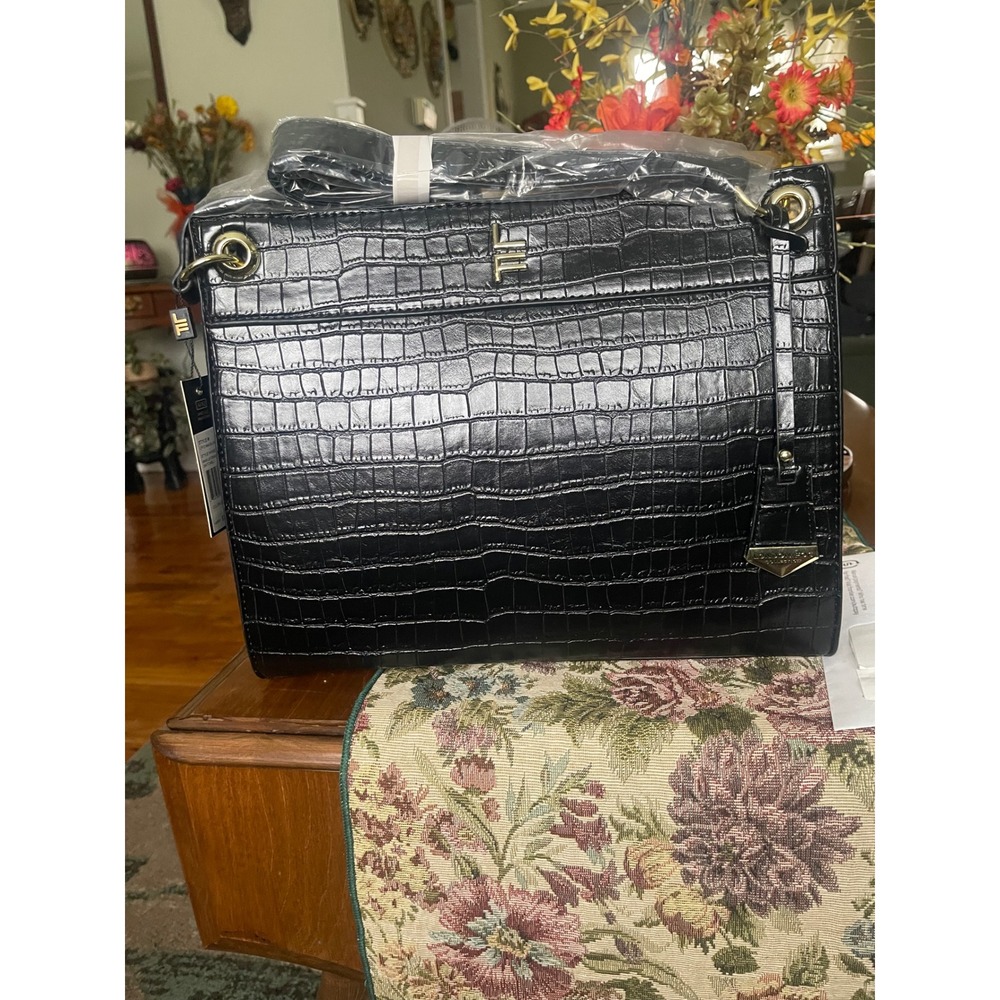 London Fog Brielle Croco Satchel Black Faux Crocodile Bag LFF21944-BLAK-C NEW